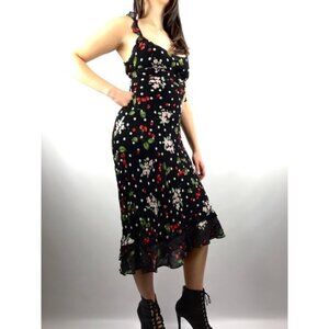 VTG Mica Mimi Maternity Y2K Cherry Floral Midi Dress Ruffle Large Black EUC
